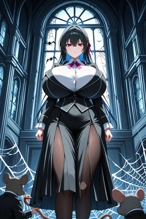 young woman, full clothed, covered gigantic breasts, giga_busty
BREAK
ghosts, bats, snakes, rats, mouses,
BREAK
in Haunted Mansion, spider webs, broken windows