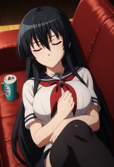 masterpiece, best quality, high resolution,((ultra-detailed)), ((best quality)), ((best quality)), ((beautiful eyes)), ((extremely detailed)), 4K, (8K), best quality, (beautiful), anime screencap,thighhighs,1girl,solo,akame, long hair, black hair, red eyes...