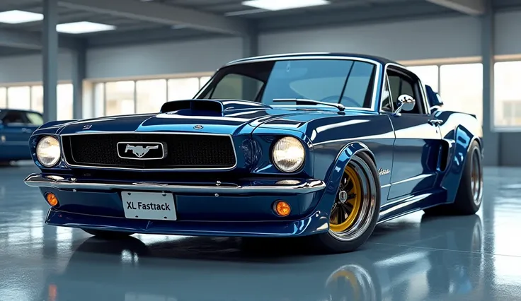 Create a 3D render of a heavily modified Old MODEL Ford XL Fastback, showcasing the front left side view. The car should be painted in a sleek Dark blue, with glossy and shiny add-ons that highlight its retro yet aggressive styling. The white headlights ye...