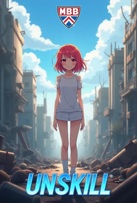 Anime girl with red hair amid post-war action and destruction.  Girl smiling , she is wearing white socks. At the bottom, the unskill logo is large, in a beautiful and blue font, MLBB logo on top