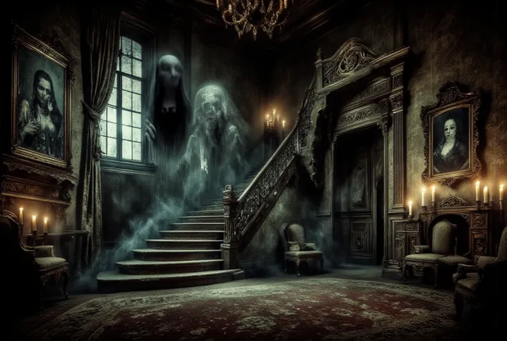 {{A ((highly detailed, vintage-style)) depiction of {((an abandoned Victorian mansion, its grand staircase crumbling, with cobwebs and dust-covered antique furniture))}} with {((a ghostly presence appearing faintly in an ornate mirror and flickering candle...