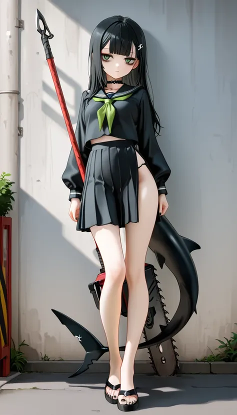 1girl, green eyes, Black Hair (green gradient), blunt bangs, black shark tail, small Breast, choker, bare legs, foot, toenails, nail polish, black nails, masterpiece, best quality, Perfect details, perfect composition, absurdres, newest, very aesthetic, am...