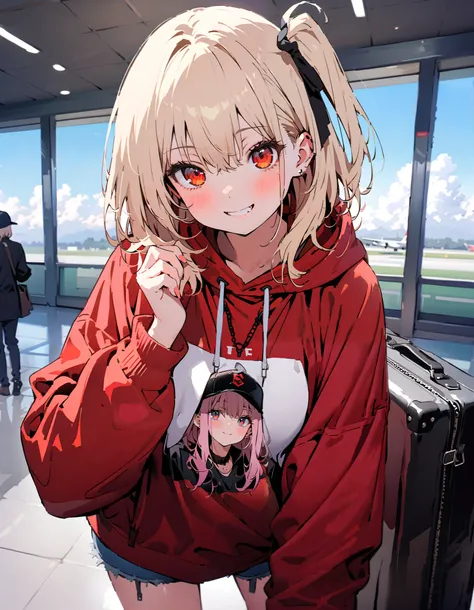 Nishiki Shiho , Nishiki Castle Senri,Alone, bangs,   blond hair with shoulder-length,  red eyes,  hair ribbon,  One Side Up, long hair,Baseball hats,smile,blush, mouth,Oversized red hoodie, denim micro shorts ,Bare legs, Bbo~, suitcases, standing,whole bod...