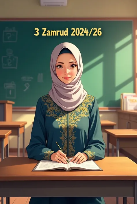 Profile picture classroom.anime style.muslim Madam at table.have name text at middle ( 3 Zamrud 2024/26 ).