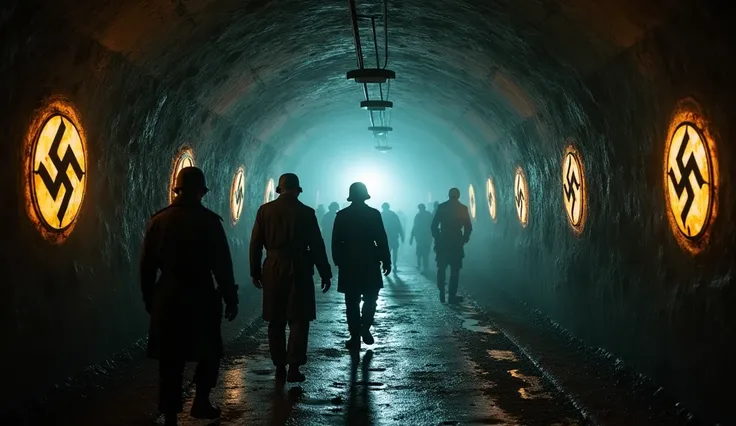 "Nazi soldiers exploring an ancient underground tunnel, with glowing symbols on the walls, mysterious lights in the distance, cinematic, dark and ominous atmosphere, historical and sci-fi elements combined."