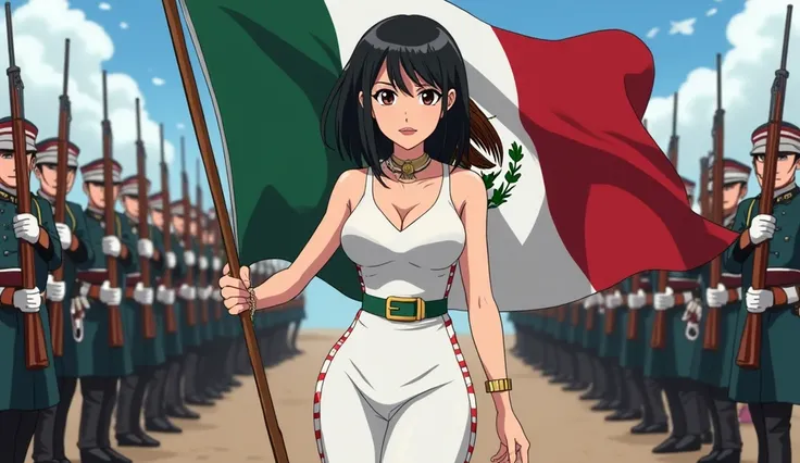  create a Mexican princess of Spanish descent with short black hair,  wearing a white dress . holding the flag of Mexico. commanding an army with rifles and artillery. With an anime style of One Punch Man .
