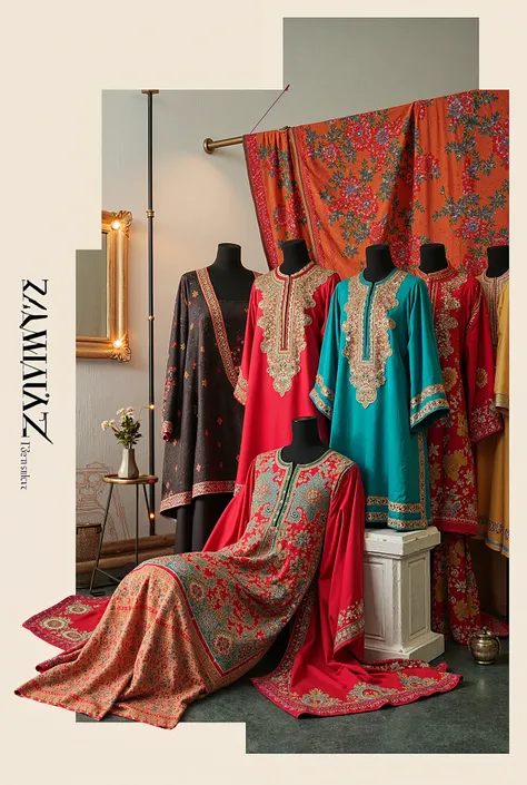 Create an high quality image showing Pakistani clothes in a collage way, with zawar fabric name and logo on the left corner,this image will be used for clothing brand front face