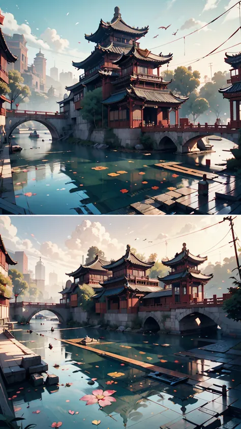 Painting of a Chinese village with a bridge over a river,  Ross Tran. Picturesque background ,  Temple Digital Painting, Cyberpunk Chinese Ancient Castle, Dreamy city in China,  highly detailed digital painting ,  very detailed digital paint,  detailed lan...