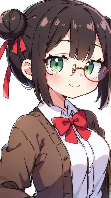 1girl, solo, hair bun, glasses, green eyes, double bun, smile, upper body, looking at viewer, shirt, white shirt, bow, blush, round eyewear, plaid bow, collared shirt, red bow, closed mouth, bowtie, simple background, ribbon, white background, black-framed...