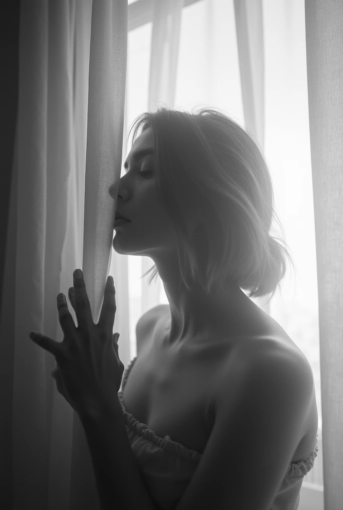 An abstract black and white photograph of a woman partially obscured by a sheer curtain, the interplay of soft light and fabric creating a surreal and dreamlike atmosphere, her hands reaching toward the light, shot with a Fujifilm X-T4, 23mm f/2 lens, deli...