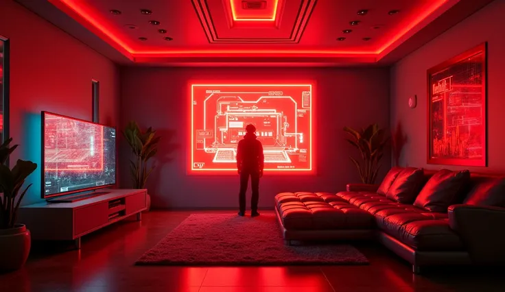 Cyberpank 2077 style living room with red lighting