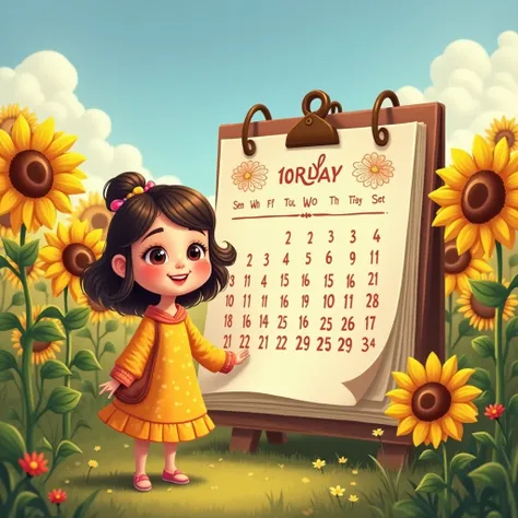 A cartoon girl standing next to a large calendar in a sunflower garden in a beautiful morning