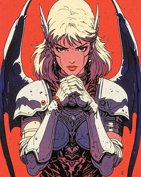 muted pastel colors,Soft picture, Retro anime , 1990s anime, 1980s anime,  Retro anime , Retro anime  style,Masterpiece, Best quality, 

The image depicts a striking character with an ethereal quality, framed against a vivid red background. She has a capti...