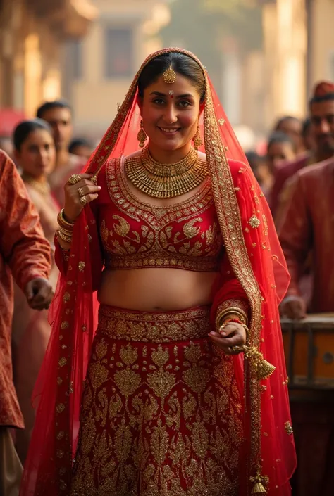 (masterpiece, best quality:1.2), A sexy thick girl, with a curvy waist, Amidst a grand wedding procession, the bride is dressed in a luxurious red and gold lehenga with a fitted half-sleeve blouse that shows off her toned midriff and delicate navel. Her br...