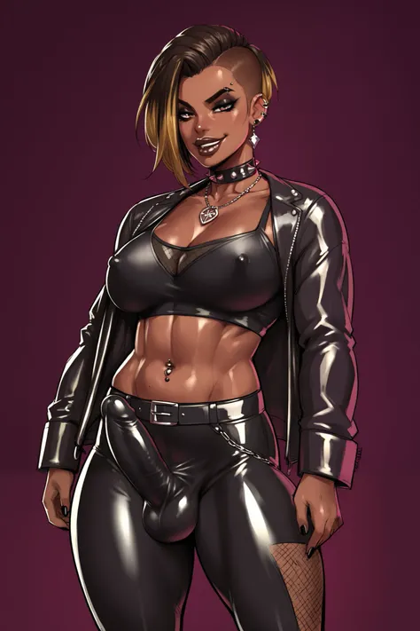 score_9_up, score_8_up, score_7_up,score_6_up, score_5_up, score_4_up,BREAK,zPDXL3,rating_safe, source_cartoon, futanari,goth outfit, jewelry , dark skin,penis outline in clothing, solo, testicle outline, dark brown lips, two tone hair, smug 