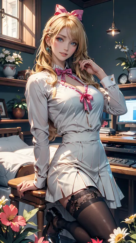 work,  top quality,  girl, long hair alternative, absurdly long hair, blonde hair, bow hair,   Aqua Eyes,  charming smile, tongue, black eyes,   long eyelash  ,  big breasts, chest rash ,  white shirt ,  black short skirt, shoes, during, hair ribbon, flowe...