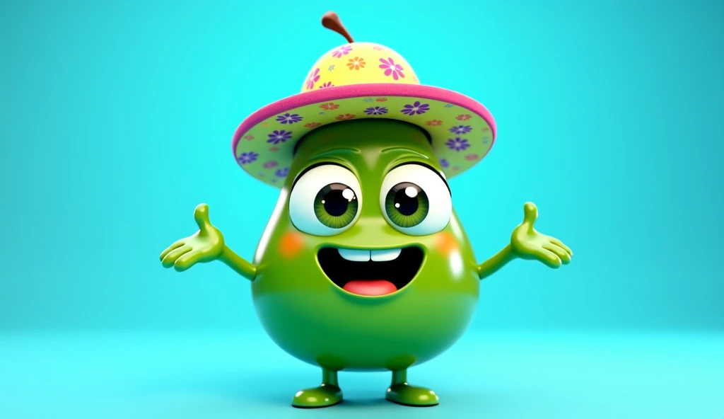 "A 3D animated green avocado with a shiny texture, featuring large, cute eyes with an adorable and joyful expression. The apple is wearing a colorful Hawaiian hat with tropical flower patterns. It has expressive arms and legs, posed in a cheerful stance. T...