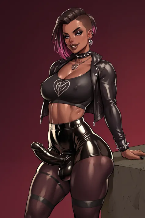 score_9_up, score_8_up, score_7_up,score_6_up, score_5_up, score_4_up,BREAK,zPDXL3,rating_safe, source_cartoon, futanari,goth outfit, jewelry , dark skin,penis outline in clothing, solo, testicle outline, dark brown lips, two tone hair, smug 