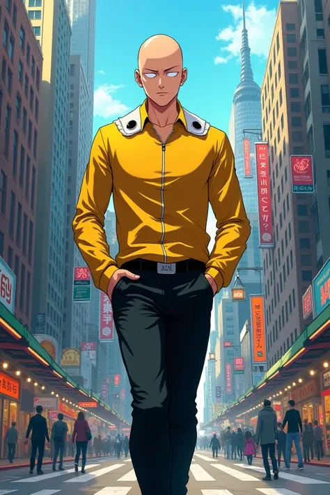 Saitama is walking on the road 