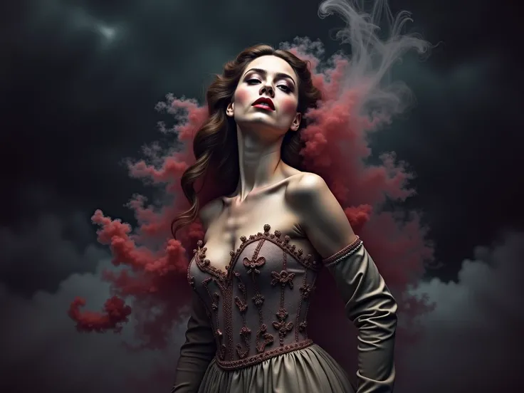 "Professional photography of fine arts: a young European beautiful woman with subtle features, makeup and perfect skin comes out of a bright red smoke cloud. A tumultuous sky creates a high tension atmosphereengaged in cinematographic lighting and film -sh...