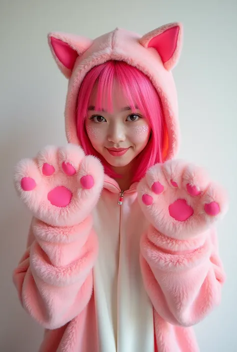  A 20 year old girl in pink hair cat costume. Get the costume right yotubue share .