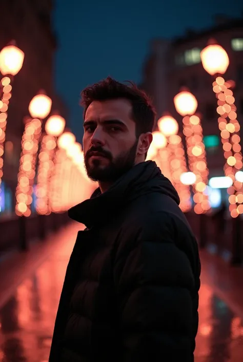 arafed man standing in front of a walkway with lights, a picture inspired by Ismail Acar, tumblr, happening, in moscow centre, standing in a city center, with glowing lights at night, in the middle of the city, at night with lights, at night time, wanderin...