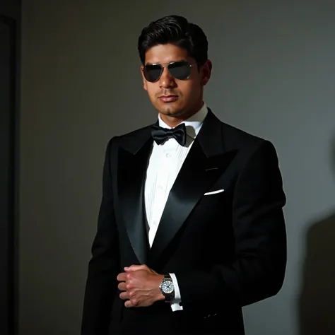 cinematic film still of  Pierce Brosnan jamesbond3 a man in a tuxedo with a watch on his wrist,solo,looking at viewer,simple background,shirt,black hair,long sleeves,1boy,bow,jacket,white shirt,upper body,male focus,bowtie,grey background,black bow,facial ...