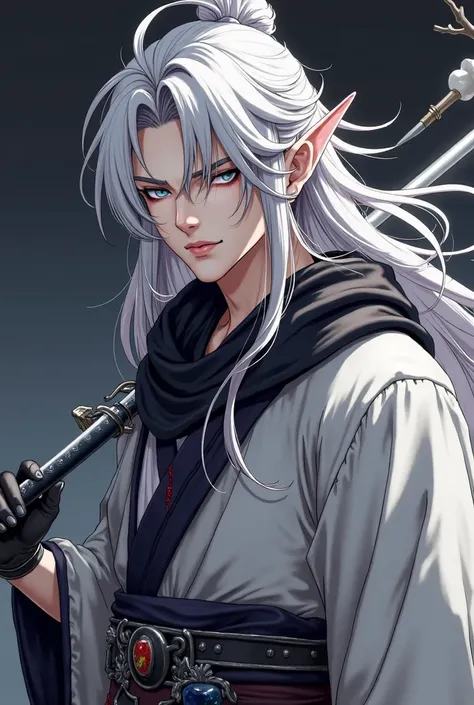  masterpiece, super class , Classical Chinese ,Chinese art ,Man with long white hair with shades of black,  white eyes , indifferent,transmitting force, with black leather gloves, Overflowing with power, With a silver spear with jade, Elf's ear masterpiece...