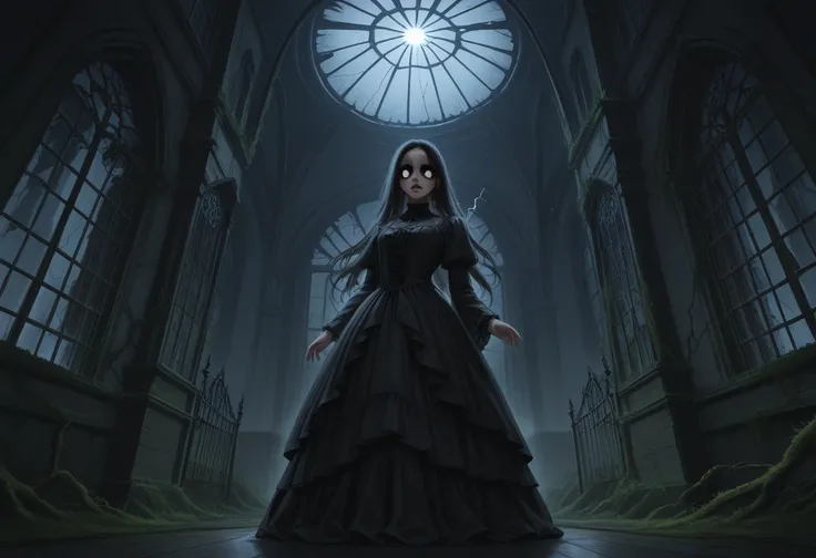 {{A ((dark and eerie)) depiction of {((a haunted Victorian mansion under a stormy night sky, with lightning illuminating its decayed facade))}} with {((a ghostly figure in a tattered gown floating near a broken window, its hollow eyes glowing faintly in th...