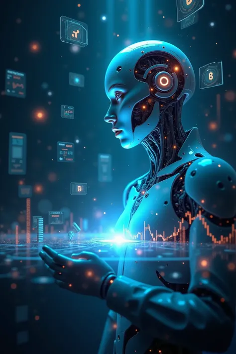  A futuristic stock market scene ,Smooth,  working tirelessly, a glowing light with a complex mechanical design,Analyzing a real-time data stream .  ,  Each shines translucent luster , Neon flashing.  Stock charts and graphics in mid-air ,  Their lines and...