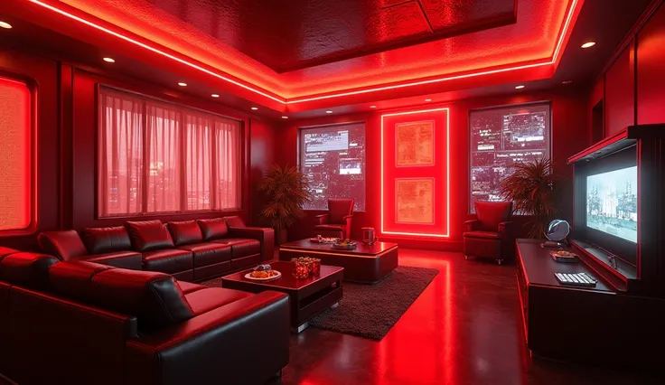 Cyberpank 2077 style living room with red lighting without people