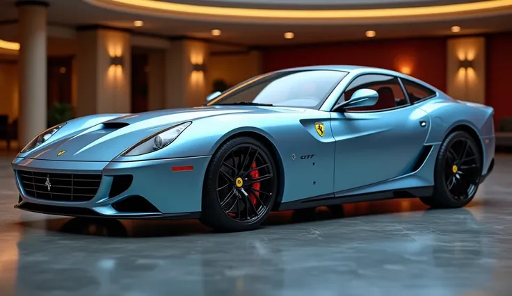 "A hyper-realistic image of a Ferrari 575 GTZ in a luxurious setting, finished in a sleek light blue color. The side profile showcases its aerodynamic body lines, sculpted side skirts, and elegant Ferrari badging. The black multi-spoke wheels with red cali...