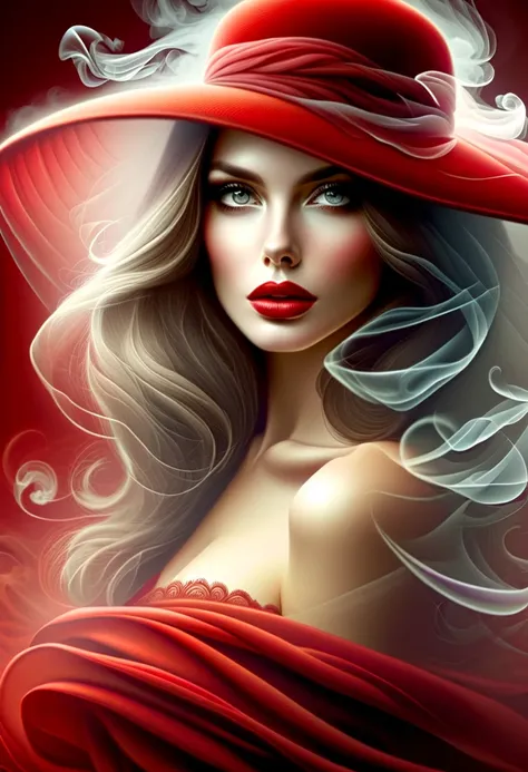 "Lady in Red" Charming European Lady, in a beautiful wide-round female red hat, with a veil, smoke, fog, perfect beautiful face, detailed eyes, eye focus, makeup, dark red background, edge of light, digital illustration, perfect anatomy. ,It is approaching...