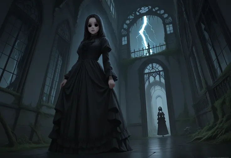 {{A ((dark and eerie)) depiction of {((a haunted Victorian mansion under a stormy night sky, with lightning illuminating its decayed facade))}} with {((a ghostly figure in a tattered gown floating near a broken window, its hollow eyes glowing faintly in th...