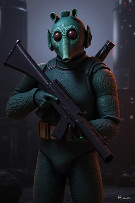 strong Rodian sci fi bounty hunter, blue-green skin, star wars city background, heavy blaster, high definition