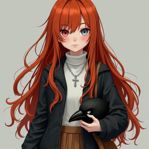  A girl with long bright red hair . Her right eye is gray ,  and her left eye is pink and the white of her left eye is black .freckles on the face .  She is wearing a white turtleneck ,  in a very light black spring jacket , in a long brown skirt and black...