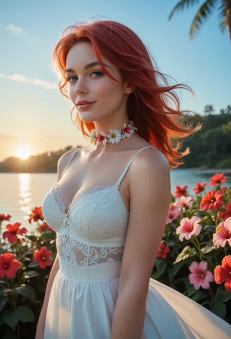  A vibrant portrait of a freckled red-haired woman with bright blue eyes, adorned with a red hibiscus and daisies in her hair, wearing a lace-trimmed white dress and floral choker, set against a sunny outdoor backdrop of blooming flowers, a clear blue sky,...