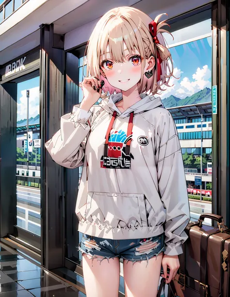 Nishiki Shiho , Nishiki Castle Senri,Alone, bangs,   blond hair with shoulder-length,  red eyes,  hair ribbon,  One Side Up, long hair,Baseball hats,smile,blush, mouth,Oversized red hoodie, Long Sleeve, denim micro shorts ,Bare legs, Bbo~, suitcases, stand...