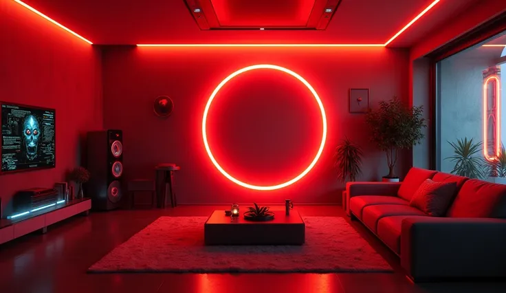 Cyberpank 2077 style living room with red lighting without people with a round picture