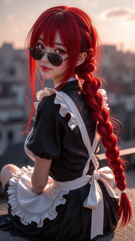  Masterpiece of a lovely girl， Braided Hairstyle ， Maid Dress， White Hair，brown skin，Long red hair ，Charming red eyes ， wearing round sunglasses ， naughty smile ， look back and smile，20 years old，Sitting on the rooftop， Dusk 。