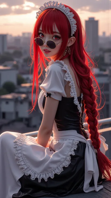  Masterpiece of a lovely girl， Braided Hairstyle ， Maid Dress， White Hair，brown skin，Long red hair ，Charming red eyes ， wearing round sunglasses ， naughty smile ， look back and smile，20 years old，Sitting on the rooftop， Dusk 。