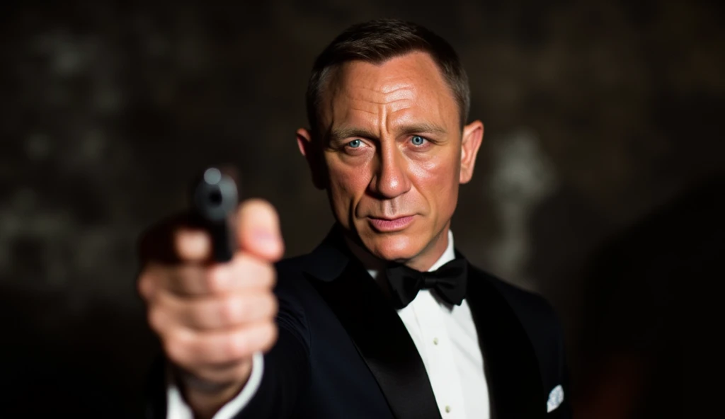 Dramatic close-up shot, cinematic lighting, intense focus

Daniel Craig, in full James Bond style, aims a sleek, black silenced Walther PPK directly at the camera, his piercing blue eyes locked with deadly precision. His expression is calm, focused, and ru...