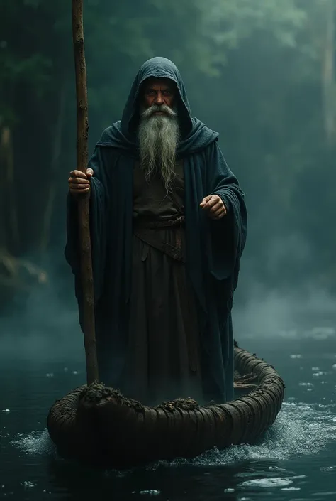 "A dark and solemn depiction of Charon, the ferryman of the underworld from Greek mythology. He stands in a small, ancient wooden boat, guiding souls across the black waters of the Styx with a long, weathered pole. Charon is depicted as an austere old man ...