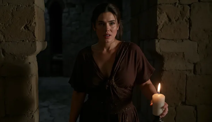 scared and afraid woman. holding candle and walking inside castle, closeup face. she wear traditional slave dress. walks slowly, the camera follows her steps carefully