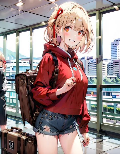 Nishiki Shiho , Nishiki Castle Senri,Alone, bangs,   blond hair with shoulder-length,  red eyes,  hair ribbon,  One Side Up, long hair,Baseball hats,smile,blush, mouth,Oversized red hoodie, Long Sleeve, denim micro shorts ,Bare legs, Bbo~, suitcases, stand...