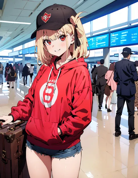 Nishiki Shiho , Nishiki Castle Senri,Alone, bangs, blond hair with shoulder-length, red eyes, hair ribbon, One Side Up, long hair,Baseball hats,smile,blush, mouth,Oversized red hoodie, denim micro shorts ,Bare legs, Bbo~, suitcases, standing,whole bod...