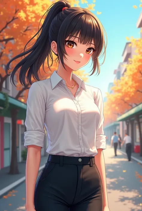 Young adult girl, umber skin, dark brown eyes, black hair with ponytail, white blouse, black pants, anime style