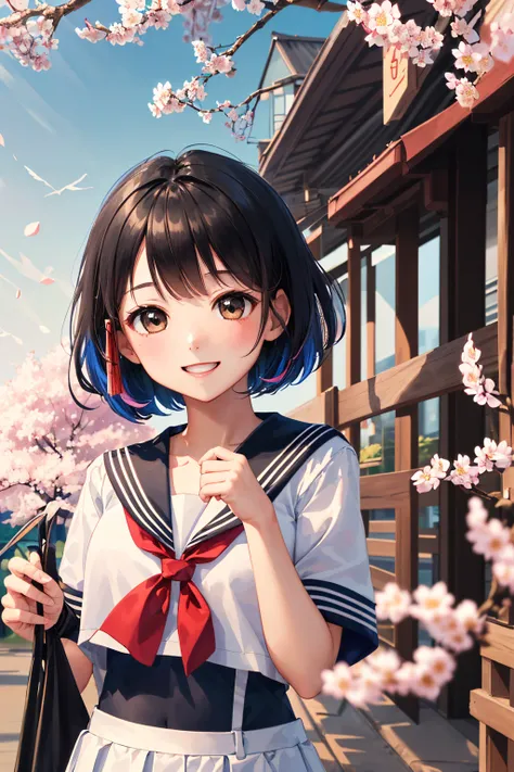 (  Masterpiece、 Top Quality、8k、 Clear Images ）、 sailor suit、、Beautiful girl、 tall 、Small face、 brown eyes、 black hair、Bob、Ribbon in hair、Graduation Ceremony、Black tube、crinkly smile、 bright color、School gate、 colorful flowers 、cherry blossoms、A complete po...