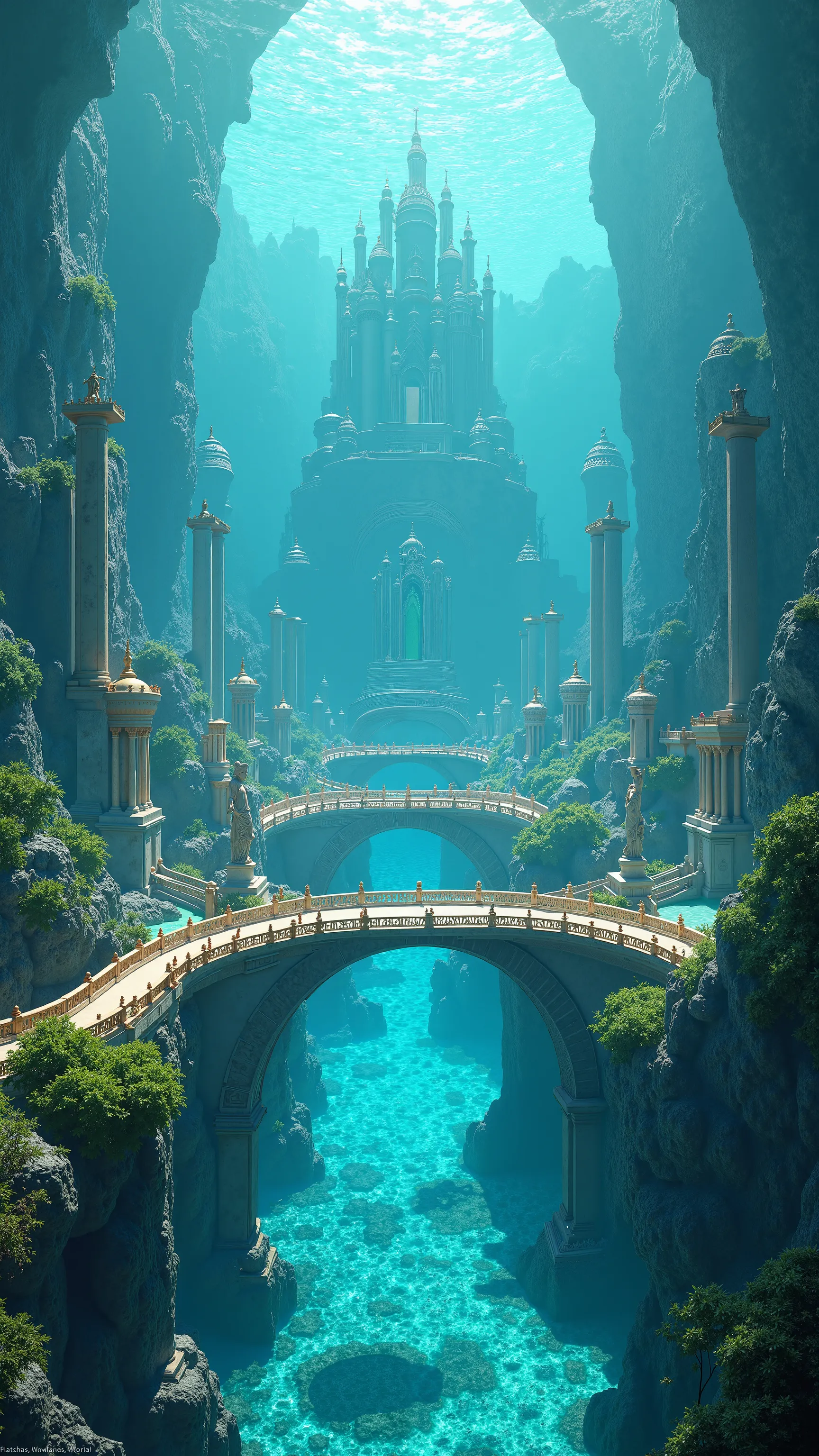  Underneath is 、 Shining Crystal Towers adorn the landscape 。 Atlantis, a vast utopian city built with perfectly concentric rings  .  Each ring has 、 Connected by golden arched bridges flowing through sparkling turquoise water canals.  Lush Garden ,  marbl...