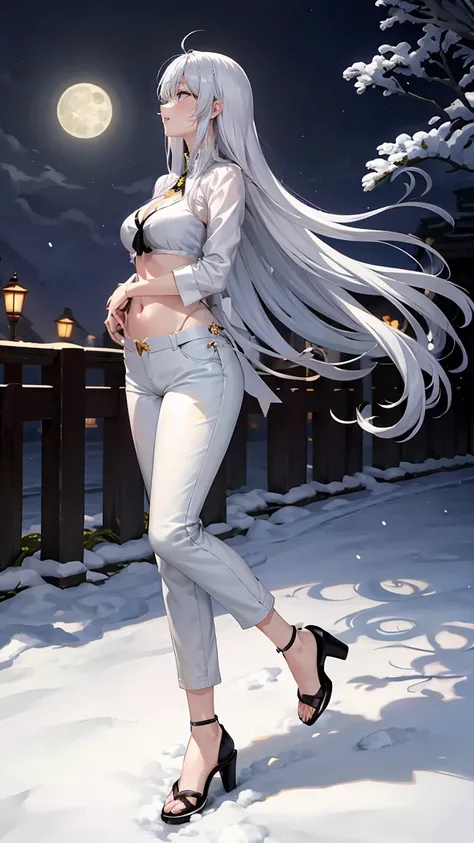  long silver hair 、  Beautiful shaped D cup with tension, yellow eyes , Moonlight、 moonlight 、、、, Full Body Composition from Head to Toe、Chuckle、Older sister、Sexy Fashion、 blouse、Belly button exposed、 tapered pants、Night Beauty、 with a fearless face、Yamato...